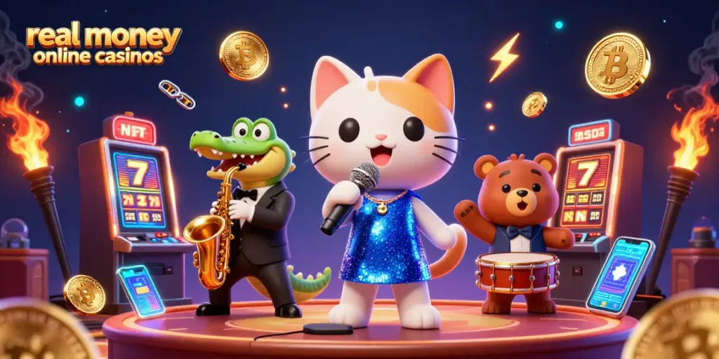 Explore real money online casinos with this vibrant illustration of animated casino characters.
