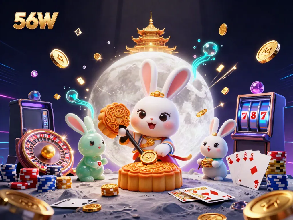 Experience thrilling gameplay at 56W with the moon rabbit revealing poker chips surrounded by vibrant casino elements.