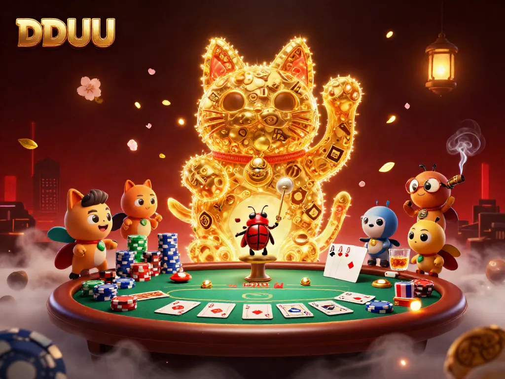 Engage with DDUU's vibrant casino scene featuring a waving lucky cat and chips galore.