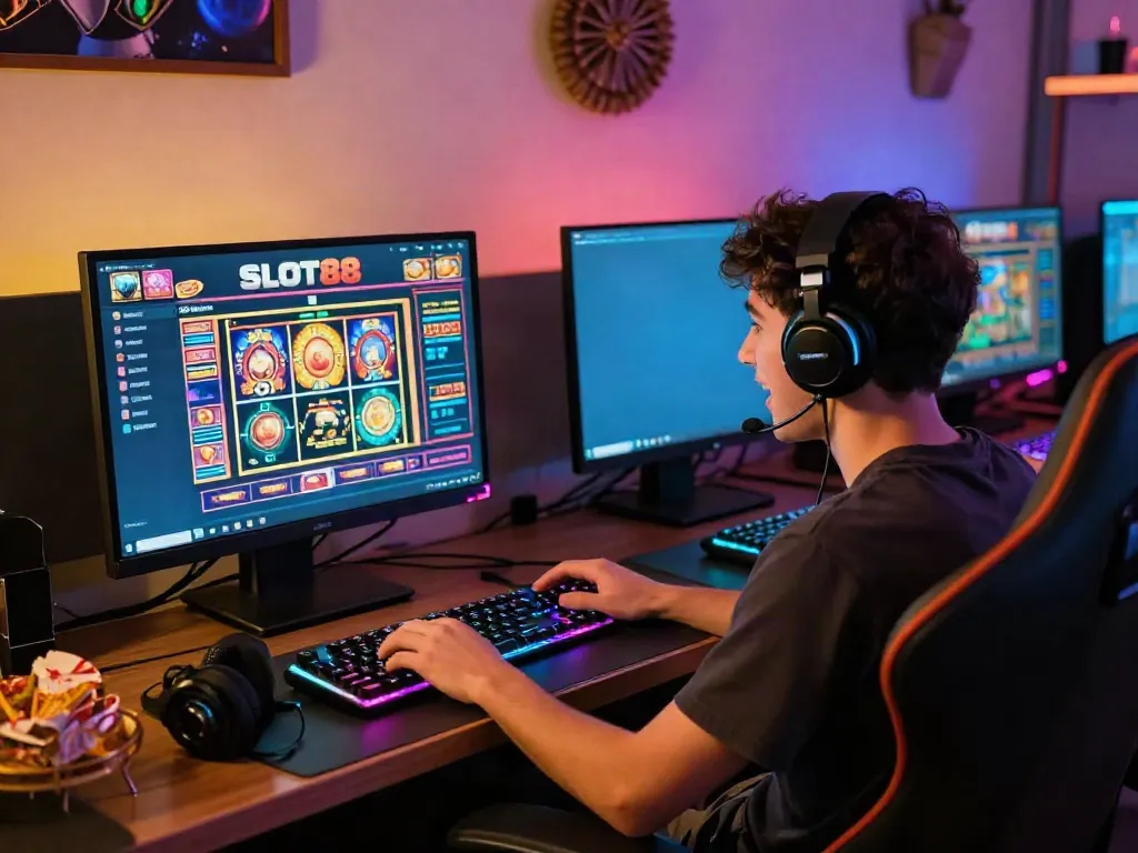 Dive into the excitement of slot88 gaming with a vibrant setup showcasing colorful slot machines and an engaged gamer.