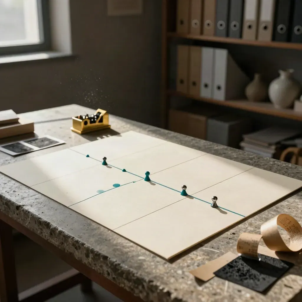 Mapa de processos em cartões sobre bancada de concreto com luz dourada e detalhes em teal.