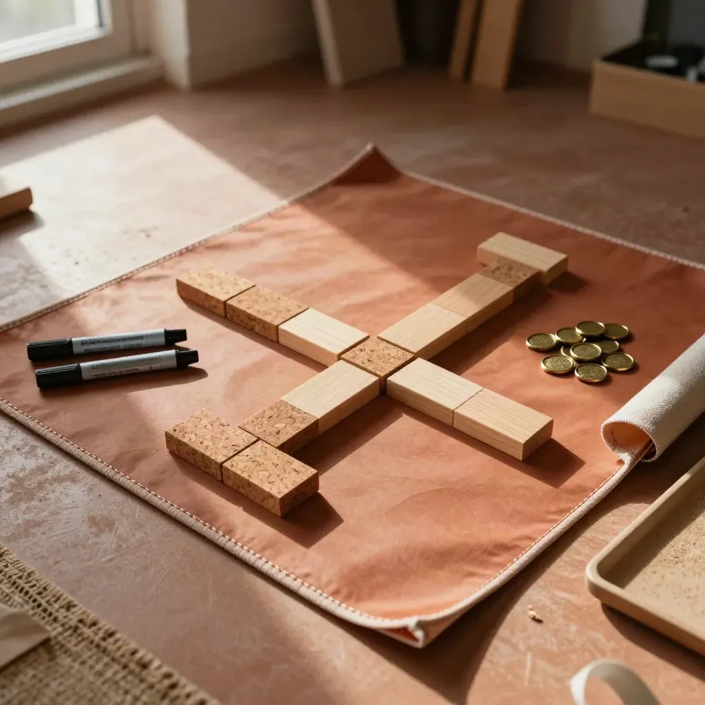 Kit de workshop visto de cima, com blocos, tokens e canetas tampadas sobre lona, em luz de fim de tarde.
