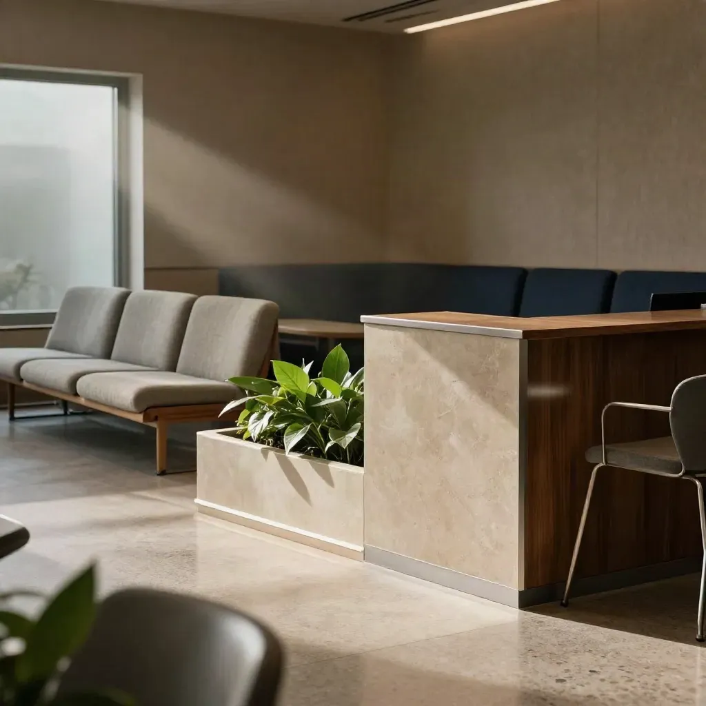 Recepção de clínica vazia com poltronas escalonadas, planta central e luz suave de fim de tarde.