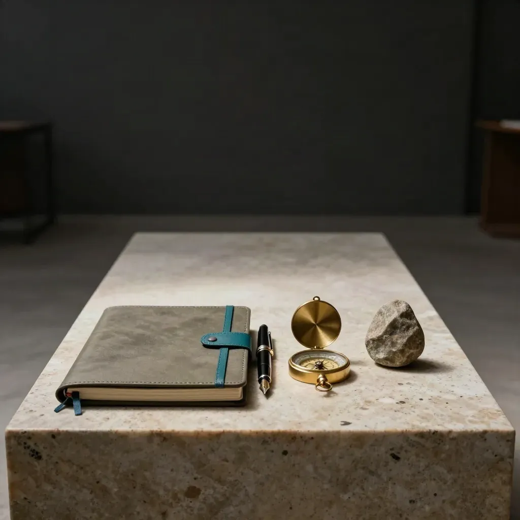Kit de mentoria de liderança sobre travertino, com luz dramática e fundo escuro.