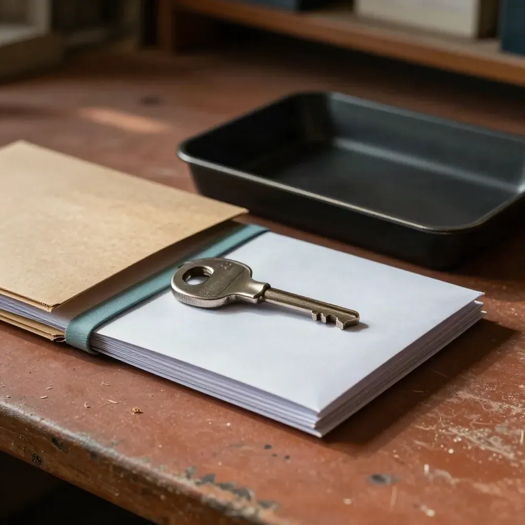 Folders, chave metálica e bandeja de caixa sobre bancada de barro, luz suave e poeira de papel.