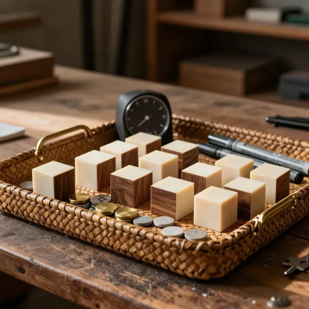 Kit de facilitação com cubos, fichas, timer e marcadores em uma bandeja tramada.