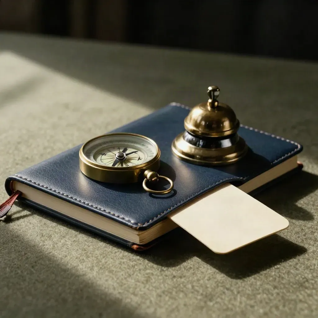 Notebook azul-marinho, bússola de latão, sino de decisão e cartão marfim em close premium.