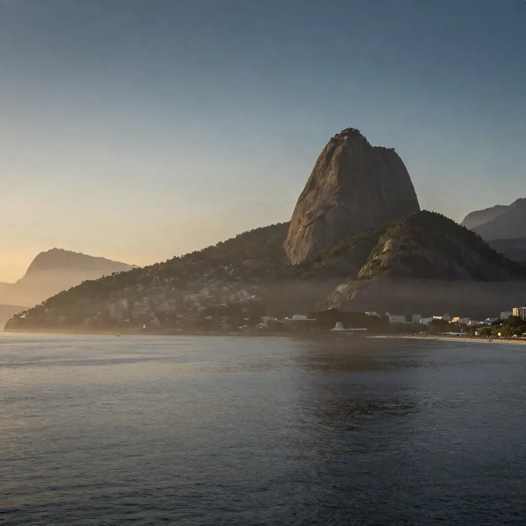 Vista ampla do Pão de Açúcar e da baía do Rio ao entardecer com névoa suave.