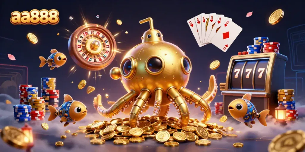 Experience excitement with aa888's golden kraken submarine amidst a cascade of coins and prizes.
