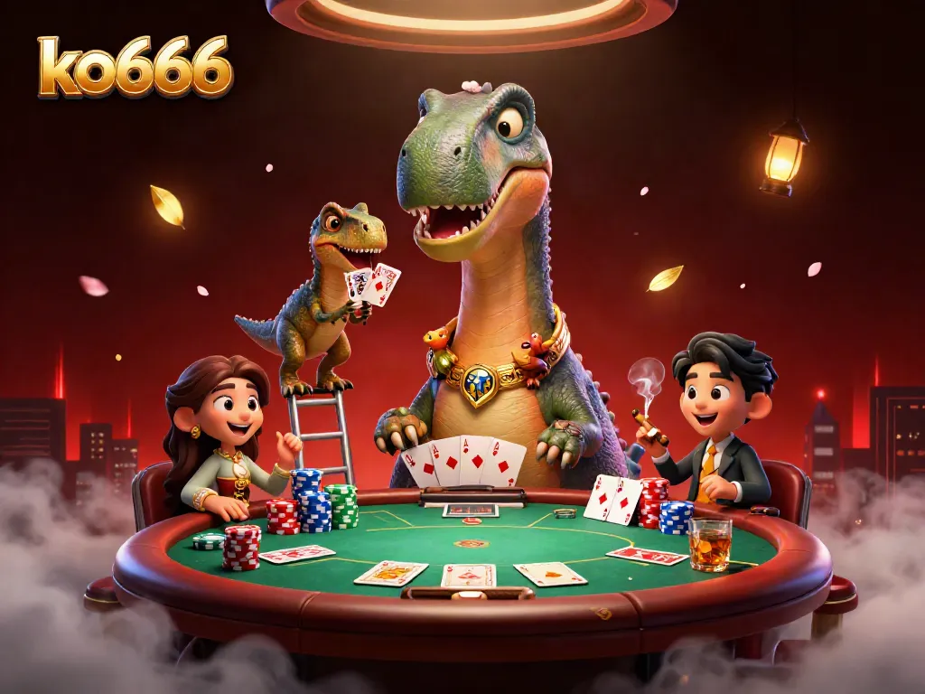 Experience thrilling action with ko666 at a unique casino scene featuring a massive dinosaur dealer.