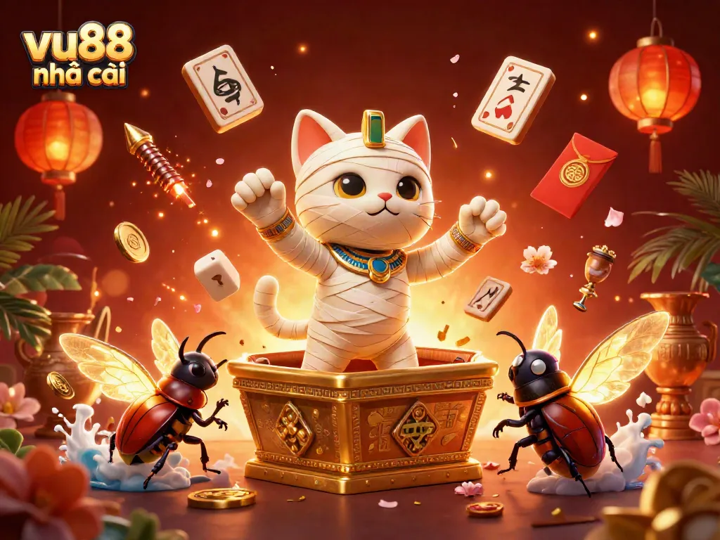 Experience thrilling moments at vu88 nhà cái with a vibrant 3D illustration of a mummy cat and golden elements.