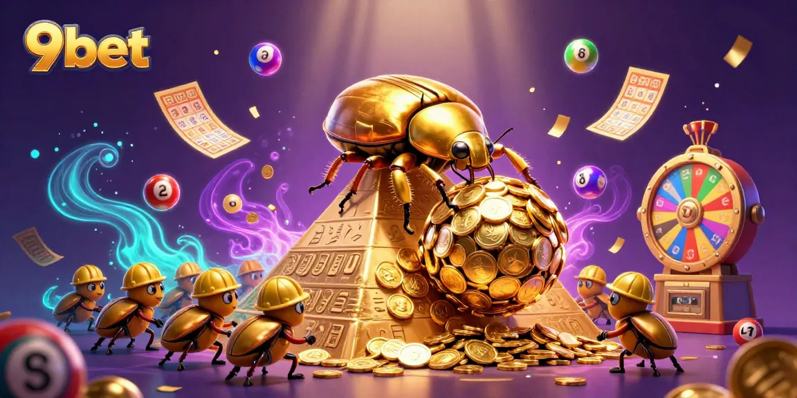 Join the excitement at 9bet as a golden dung beetle rolls coins, showcasing vibrant lottery elements.