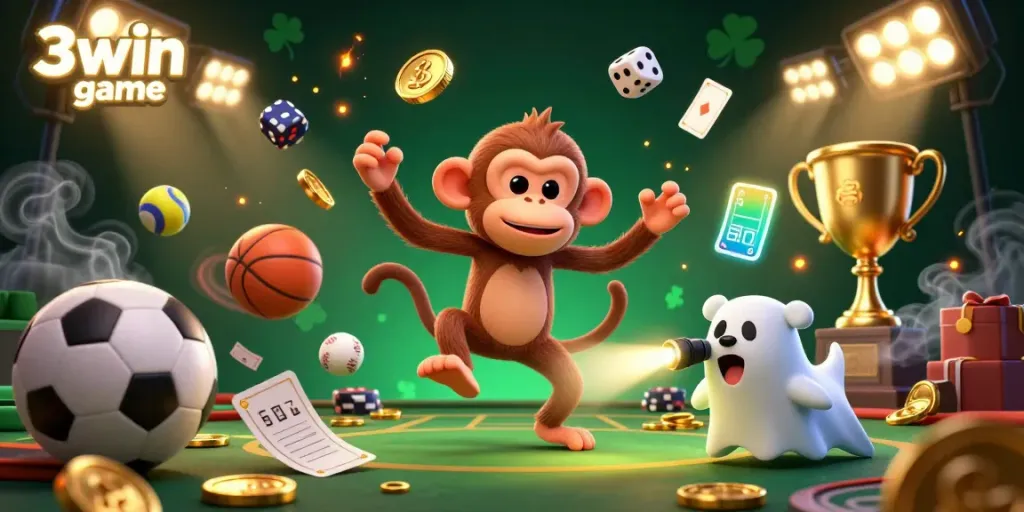 Engage with the thrilling world of 3win game, featuring a mischievous monkey and a curious puppy in a haunted casino.