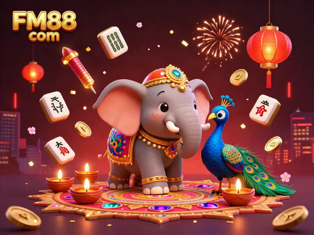 Experience vibrant casino excitement at FM88 com with a lively 3D elephant and festive decorations.