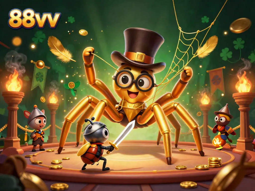 Engage in thrilling gaming with 88vvv at this colorful casino adventure featuring a golden tarantula and beetle knight.