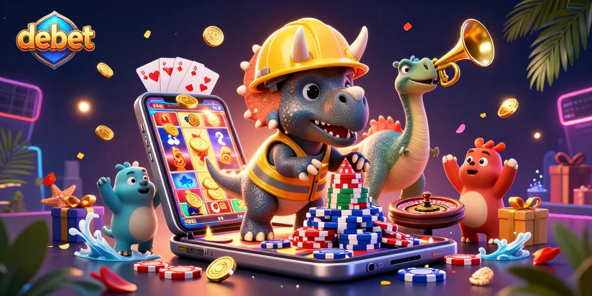 Experience the excitement of debet with vibrant casino characters celebrating a poker chip pyramid.