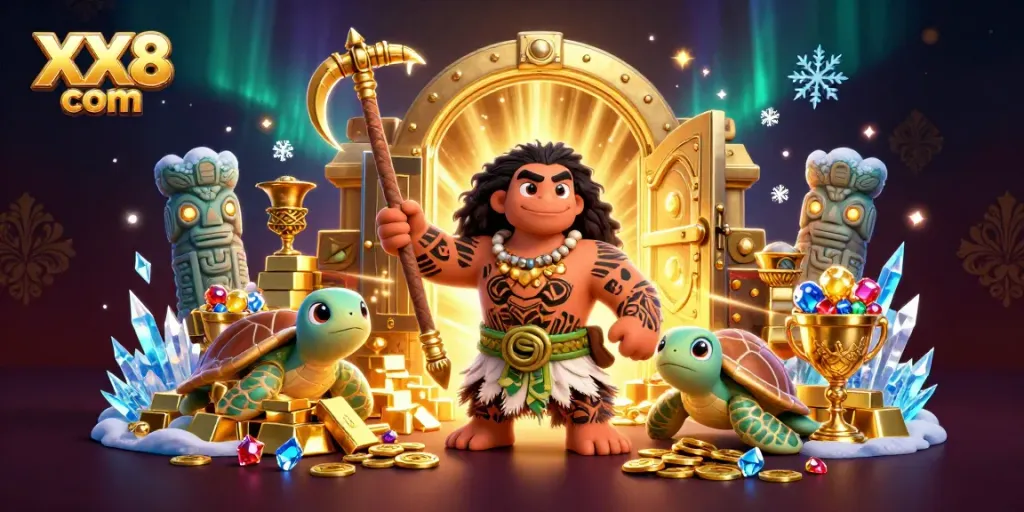 Spin for fortune on XX8 com with a vibrant 3D casino illustration featuring exciting characters and treasure!