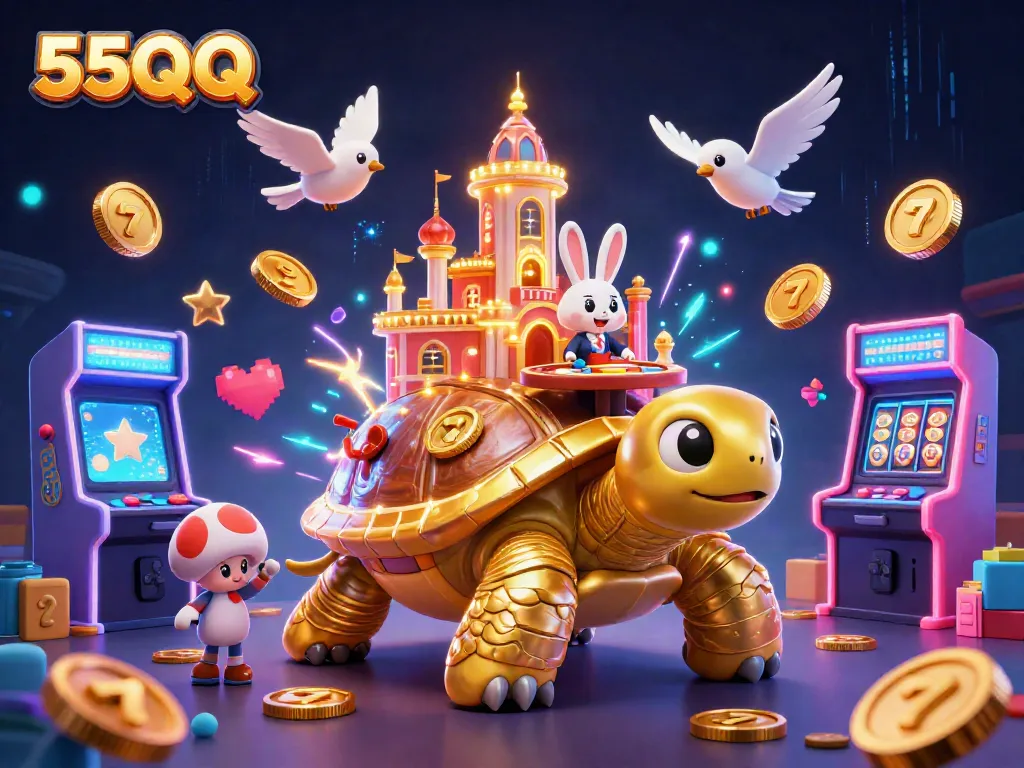 Experience the excitement of 55QQ with a vibrant 3D casino scene featuring a golden tortoise and a rabbit dealer.
