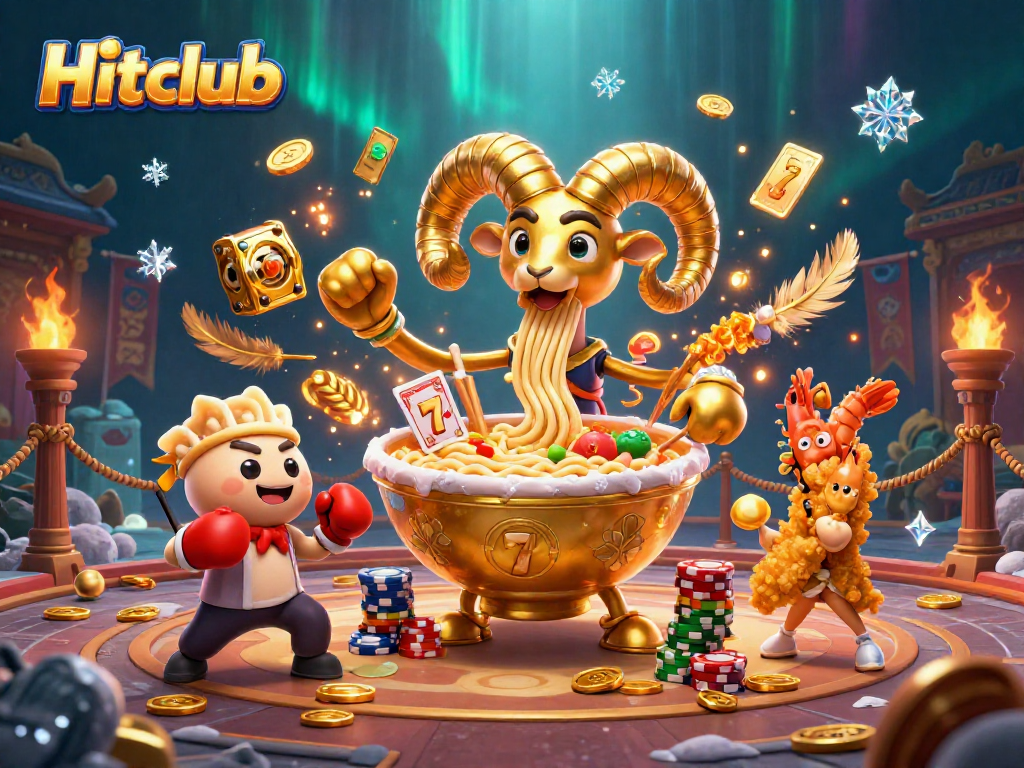 Hitclub showcases a vibrant 3D illustration featuring a golden ramen bowl dealer in a casino atmosphere.
