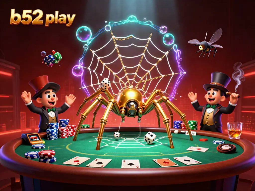 Experience thrilling b52 play with a steampunk spider, poker action, and vibrant casino elements.