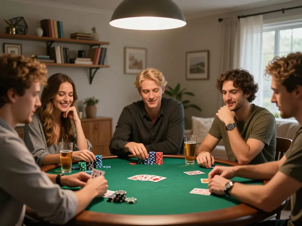 Friends enjoying an exciting poker night at home with ga da 88 strategy discussions and chips visible.
