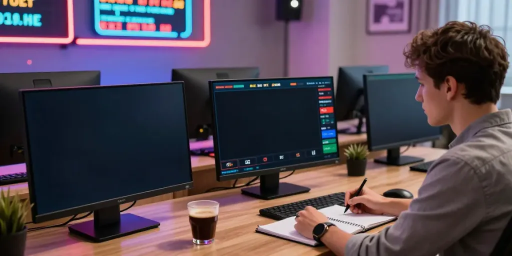 Engaged user at https://uk88win.org/ enjoying live betting with vibrant screens in a modern home office.