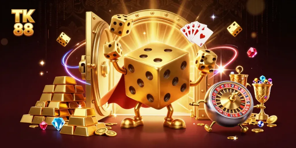 Win big at TK 88 with a lively casino scene featuring golden dice, jewels, and vibrant characters.