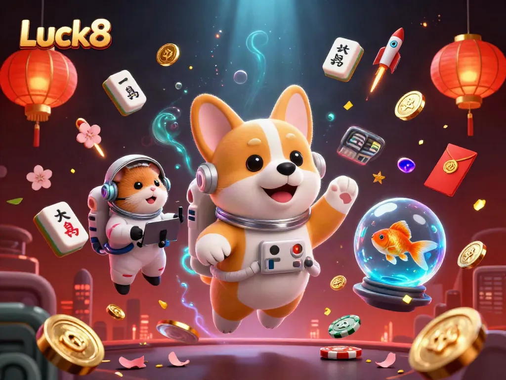 Experience Luck8's fun gambling atmosphere with a corgi in space, poker chips, and festive elements.