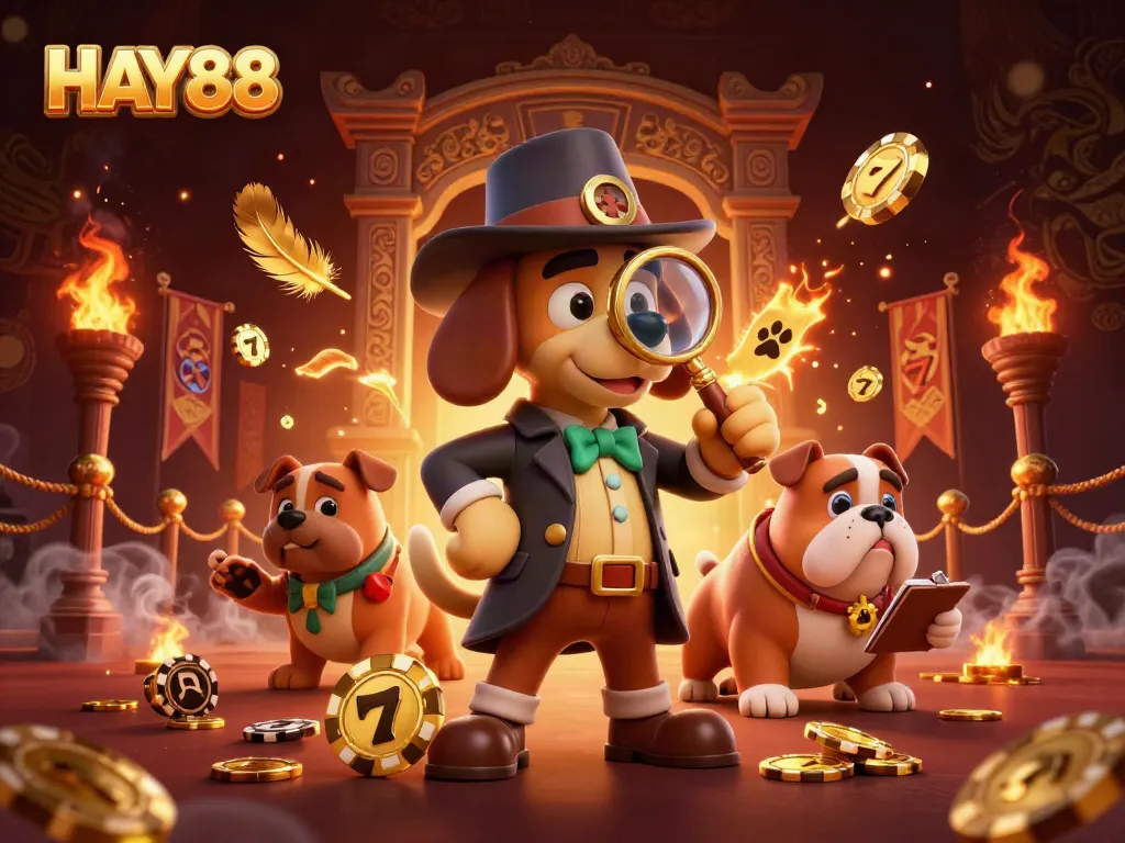 Experience the thrill of HAY88 with a detective and bulldog uncovering casino treasures.