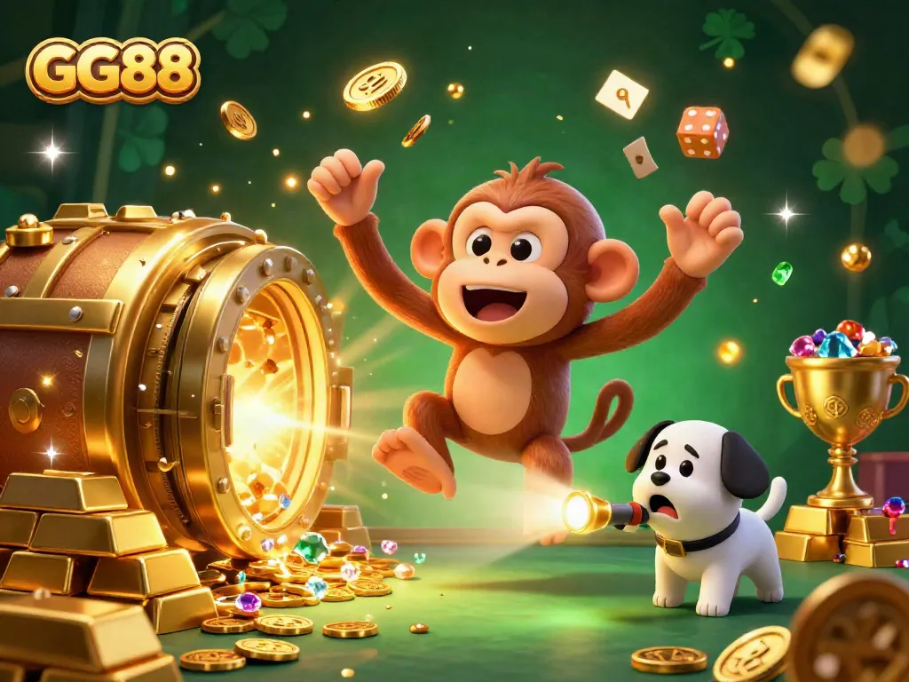 GG88 casino scene featuring a mischievous monkey juggling gold coins and a curious puppy with a golden flashlight.