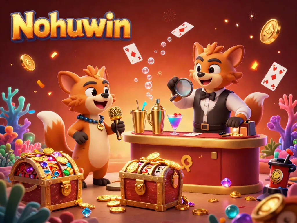 Nohuwin shines in a dynamic 3D casino illustration showcasing lively characters engaging in games and fun.