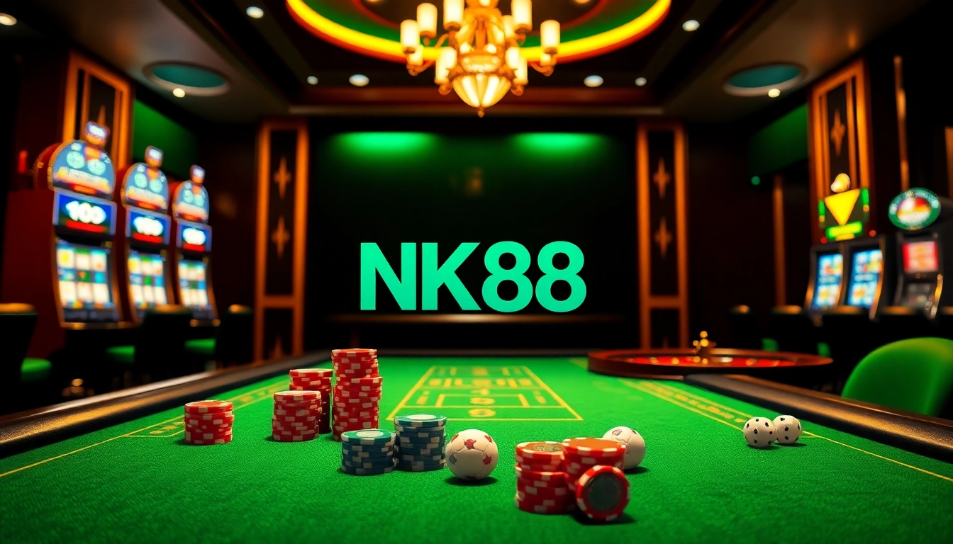 Experience excitement at NK88 with vibrant casino tables, chips, and online betting action.