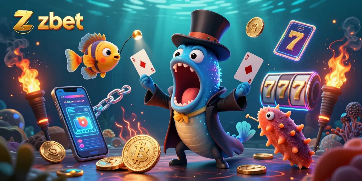 Engage with zbet’s thrilling card tricks showcased by a deep-sea magician eel, topped with vibrant casino elements.