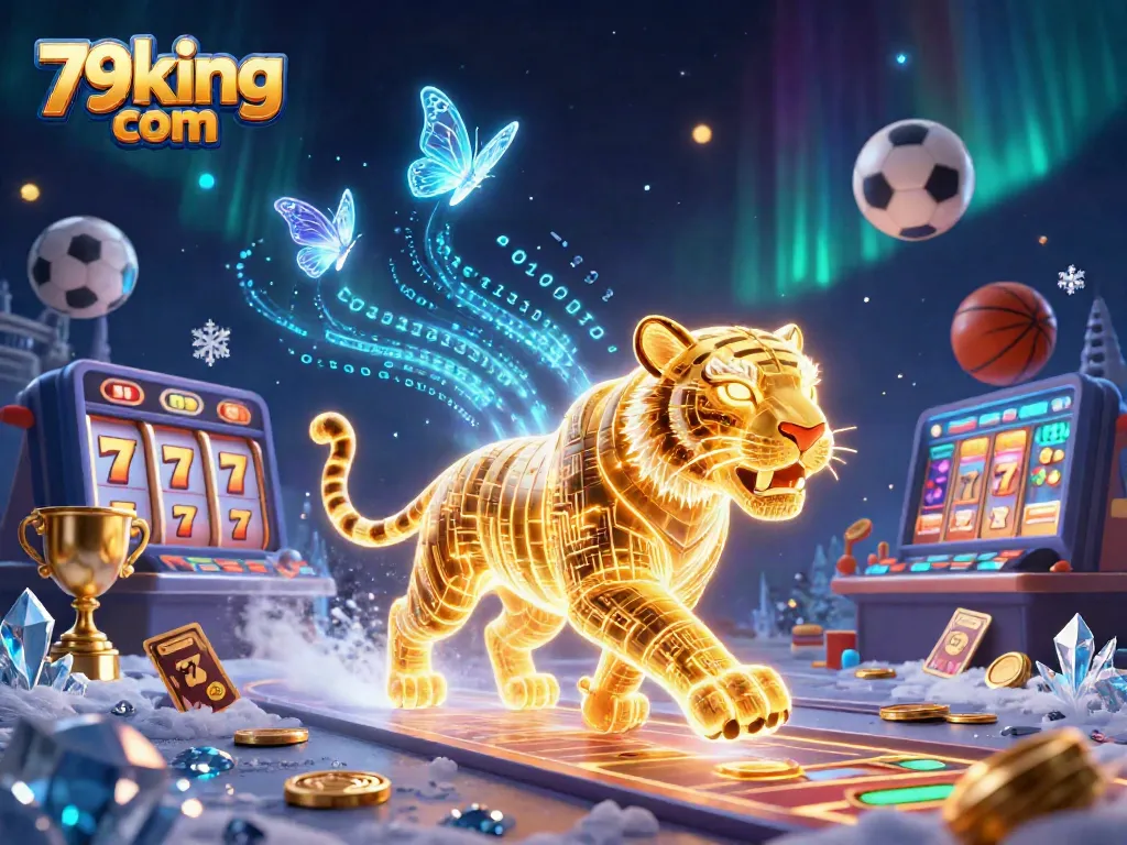 Engage with 79king com in a vibrant casino scene featuring a 3D golden tiger and colorful gaming elements.