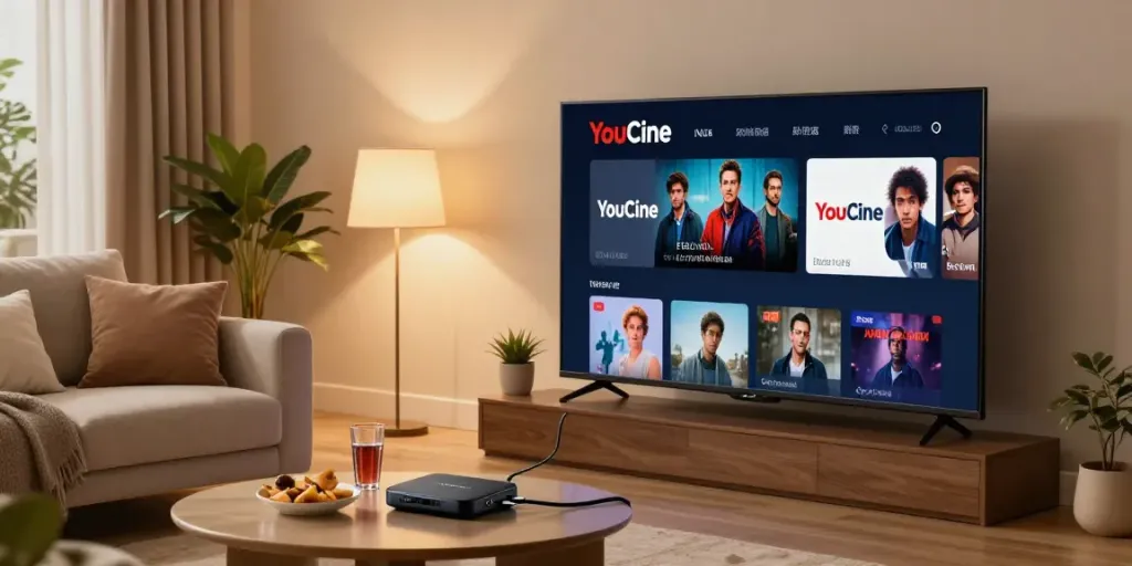 Você pode assistir Youcine APK para TV na sala de estar, com TV grande e sofá confortável.