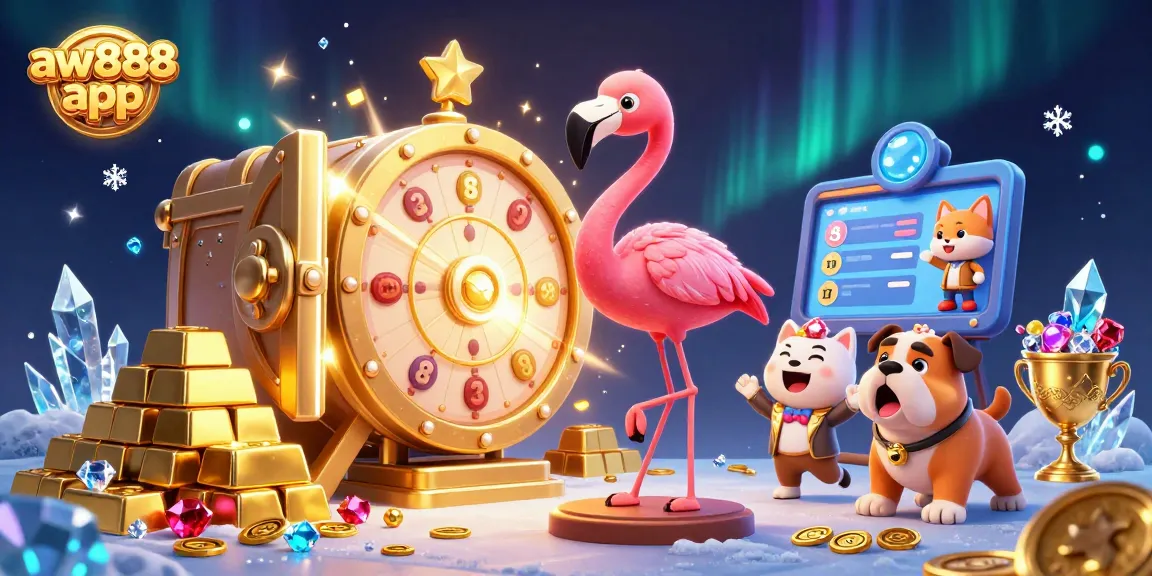 Win big with the aw888 app as a flamingo host, bulldog contestant, and prize scoreboard shine in a dynamic casino scene.