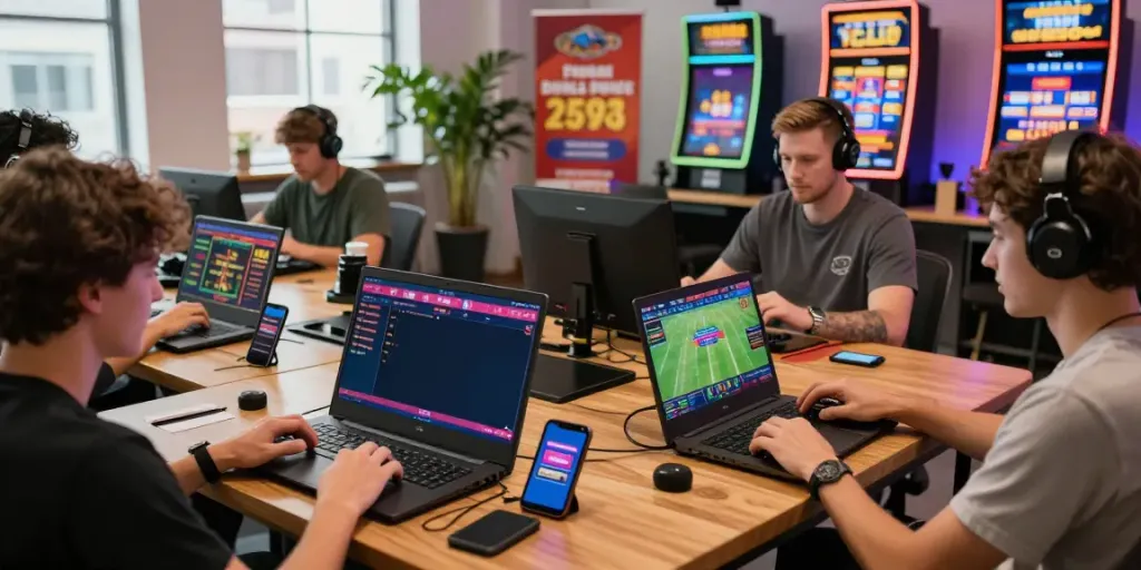 Players engaging in online gaming and betting on GEM88 platform, showcasing excitement and dynamic atmosphere.