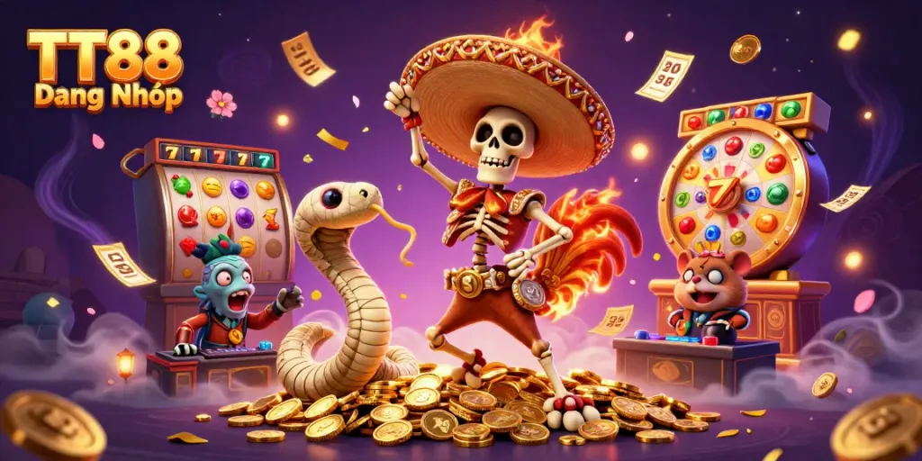 TT88 Đăng Nhập showcases a lively scene with a skeleton mariachi rooster, mummy snake, and DJ hamster amidst vibrant slot reels and golden coins.