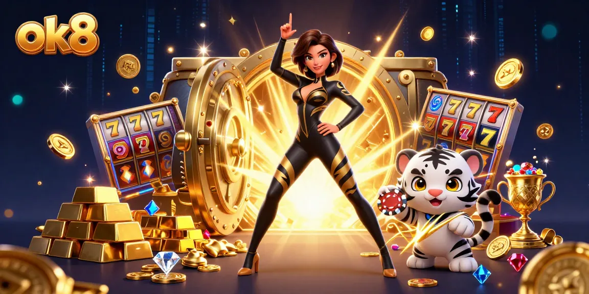 Engage with the thrill of ok8 through a dazzling 3D casino scene featuring vibrant characters and riches.