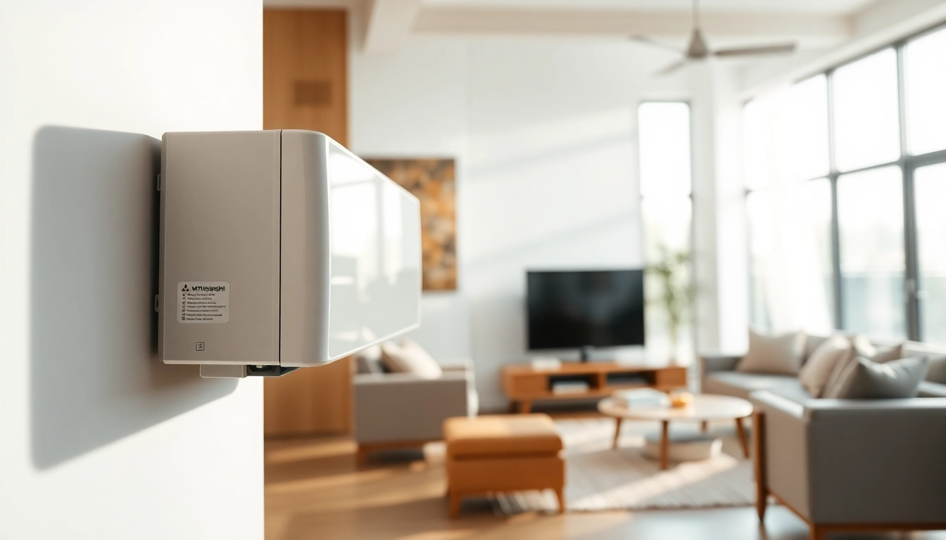 Mitsubishi mini split AC provides efficient cooling in a bright, modern living room.