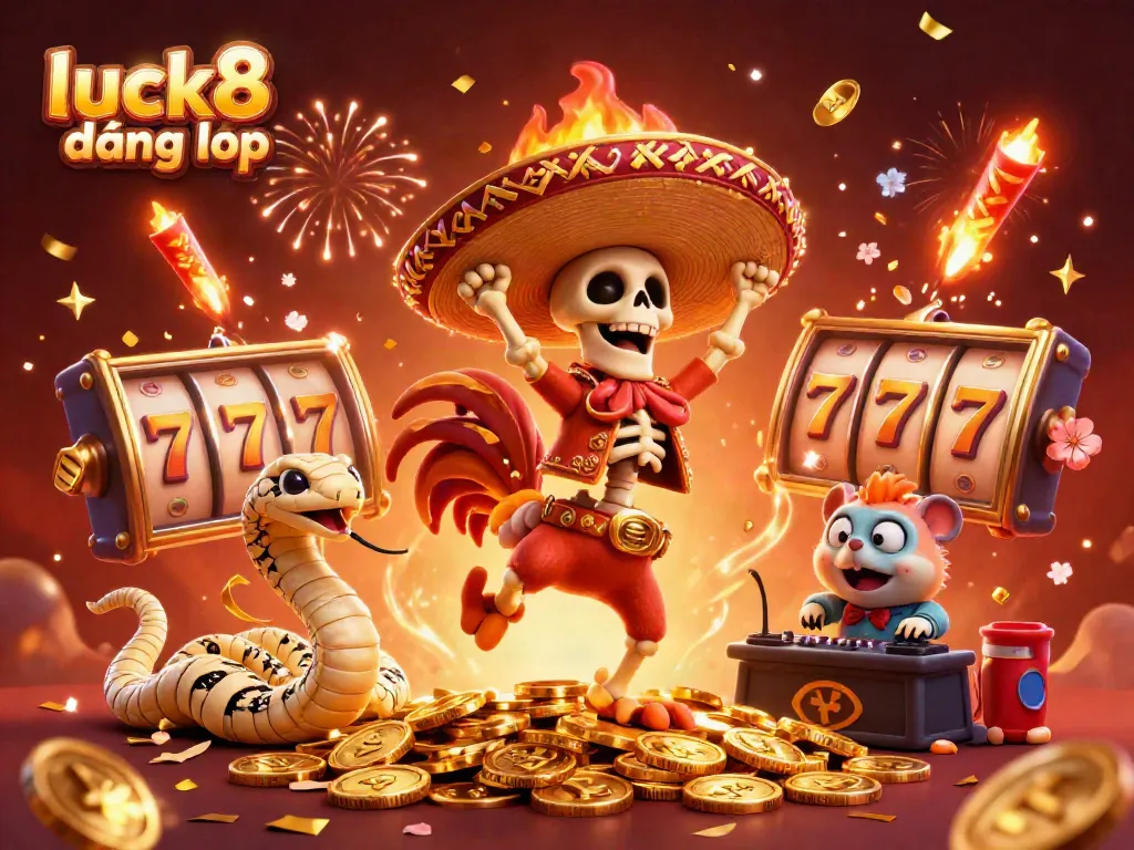 Engage in luck8 đăng nhập with a festive scene of a mariachi rooster, mummy snake, and DJ hamster celebrating on a jackpot of coins.