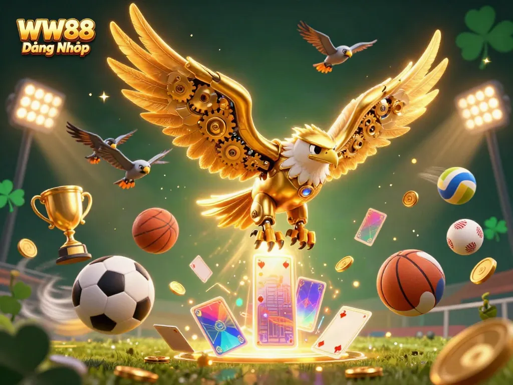 Experience the excitement of WW88 Đăng Nhập with dynamic casino elements and a cybernetic eagle.