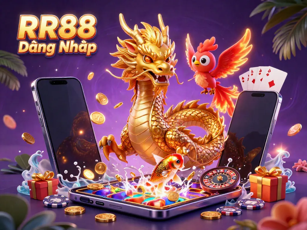 Win big with RR88 Đăng Nhập as a golden dragon and phoenix celebrate gaming success.