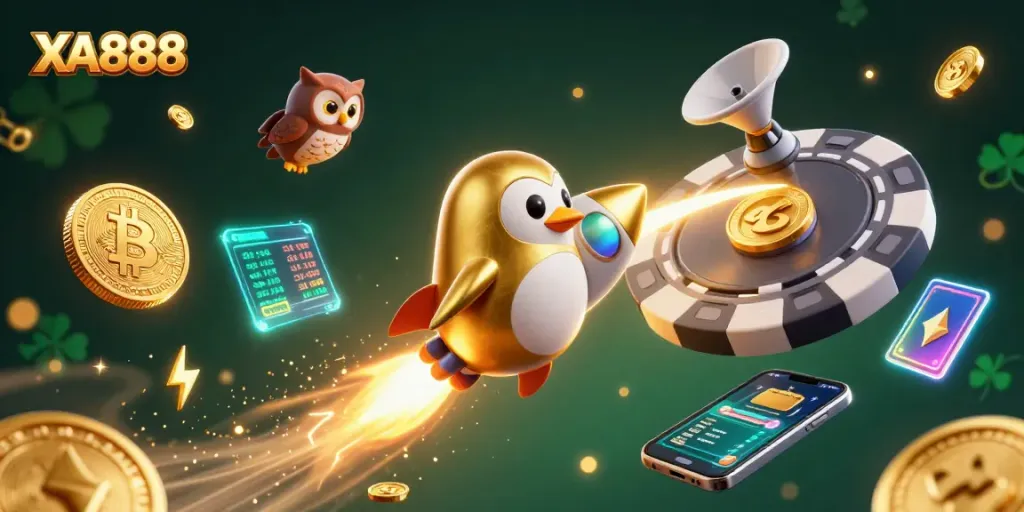 Engage with XA888 through a dynamic casino scene featuring a golden penguin in space.