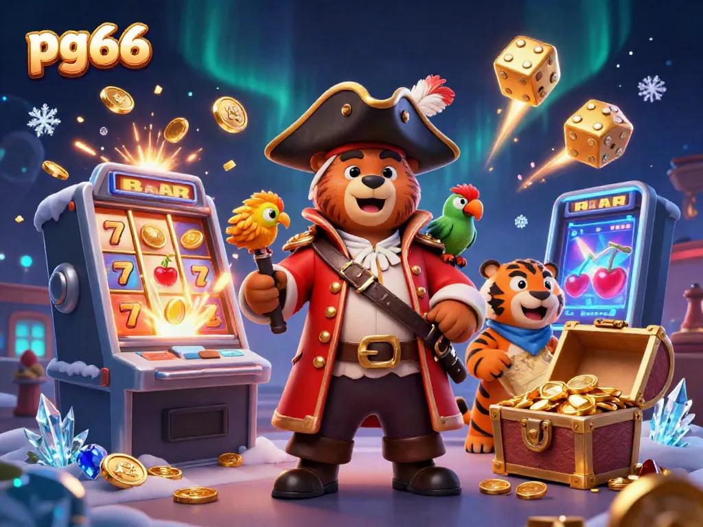 Join exciting adventures at pg66 with a thrilling 3D casino scene featuring bear pirate and friends.