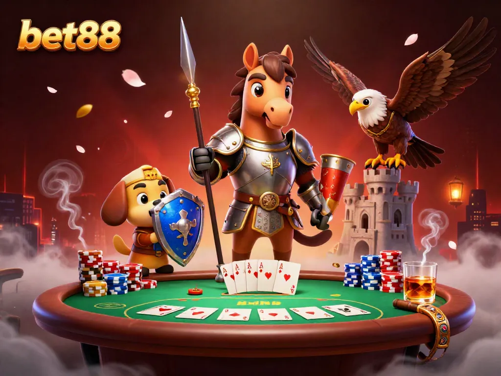 Experience thrilling games with bet88: knight in armor, puppy squire, and falcon at a vibrant poker table.