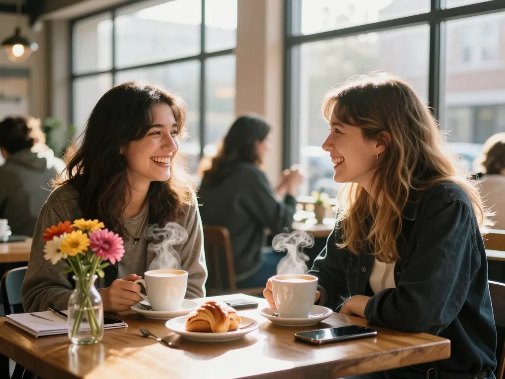 Café friends enjoying a conversation about their crush on each other, warm morning light.