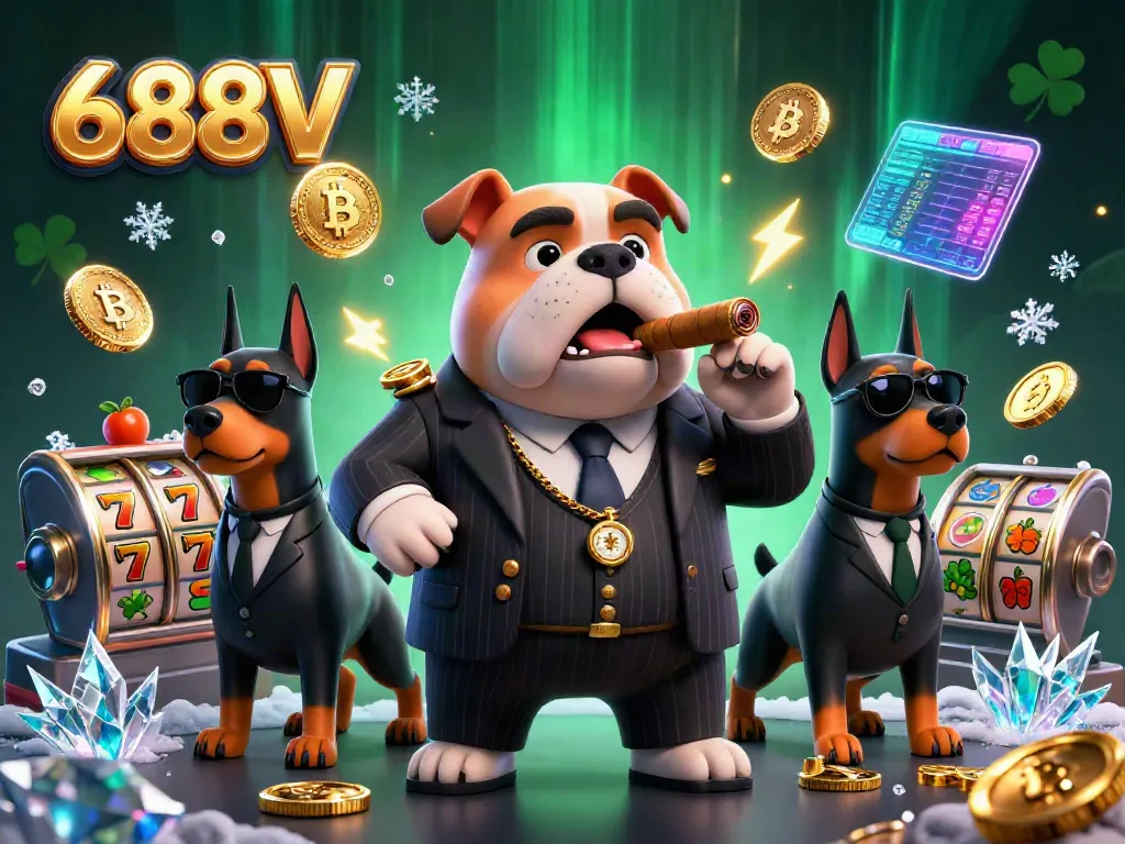 Engage with the dynamic 688V scene featuring a mafia bulldog boss and Doberman bodyguards among slot reels and crypto coins.