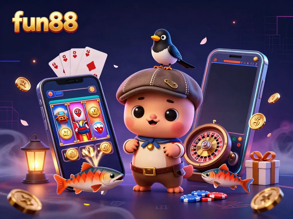 Win big with fun88 as you engage in a vibrant 3D casino scene filled with game elements.