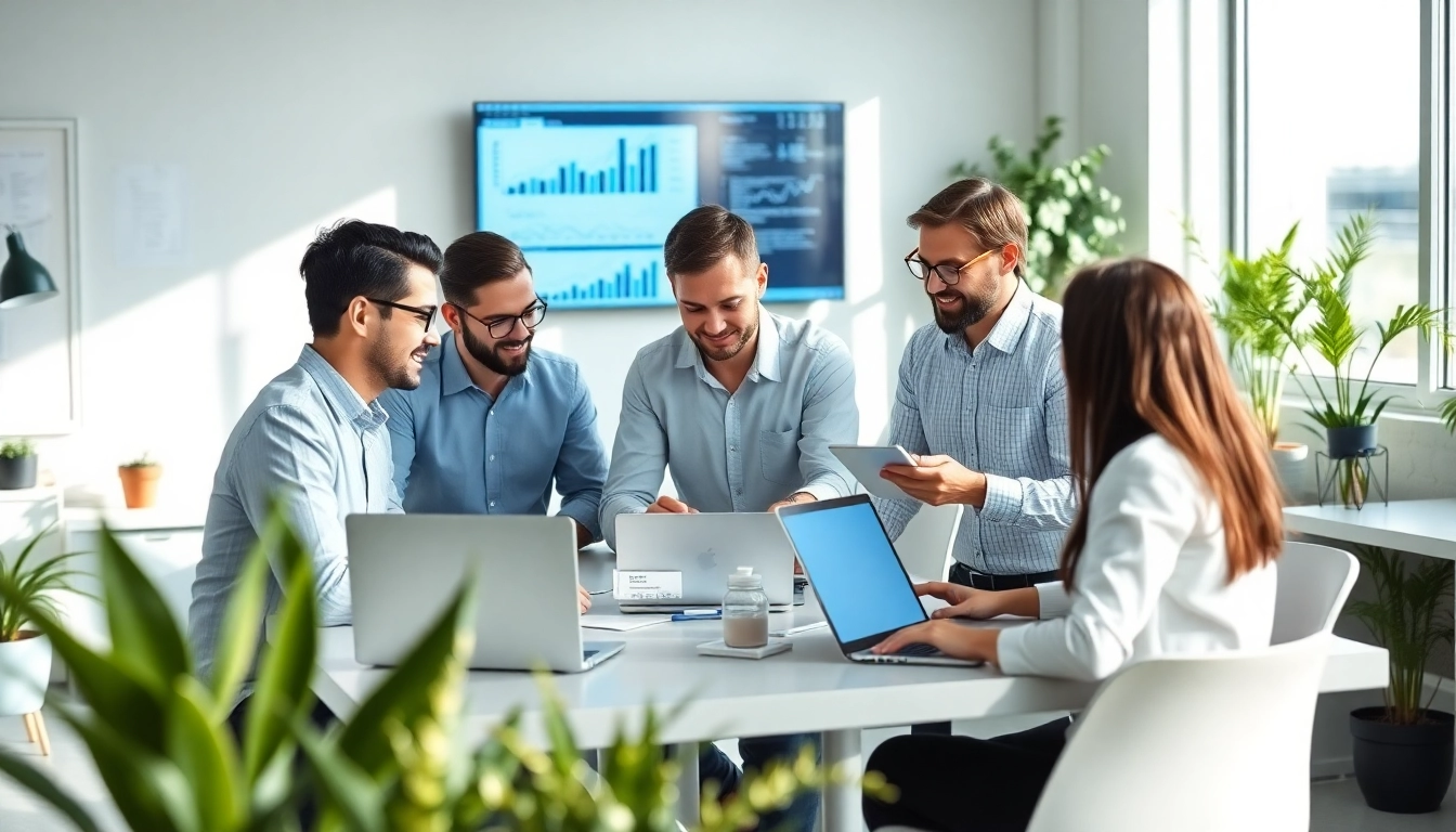 Show a diverse team operating in a digital environment focusing on USA focused digital service solutions.